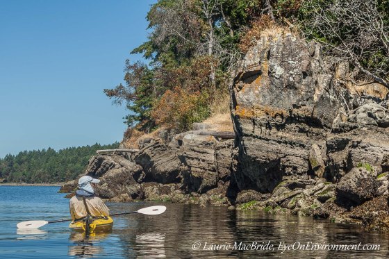 Kayaker looking at rocky island shore